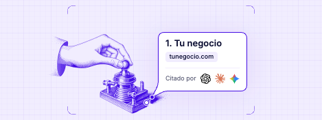 Ilustraci&oacute;n en grabado &iacute;ndigo de una mano que pulsa un manipulador de tel&eacute;grafo. Una l&iacute;nea fina sale de su borne y llega a la cola de un bocadillo de respuesta de IA. El bocadillo muestra &laquo;1. Tu negocio&raquo;, la cita &laquo;tunegocio.com&raquo; y &laquo;Citado por&raquo; con los logos de ChatGPT, Claude y Gemini.