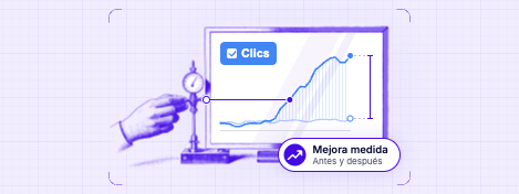 Ilustraci&oacute;n en grabado &iacute;ndigo de una mano que ajusta un comparador de reloj junto a un monitor. En la pantalla, bajo la ficha &laquo;Clics&raquo;, la curva de despu&eacute;s sube muy por encima de la de antes. Una l&iacute;nea fina une el palpador del comparador con la curva, y la etiqueta dice &laquo;Mejora medida, antes y despu&eacute;s&raquo;.