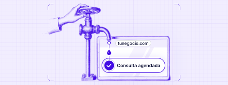 Ilustraci&oacute;n en grabado &iacute;ndigo de una mano que abre la v&aacute;lvula de un tubo. Del ca&ntilde;o cae una gota sobre una tableta que muestra la web tunegocio.com. En la pantalla aparece la notificaci&oacute;n &laquo;Consulta agendada&raquo;.