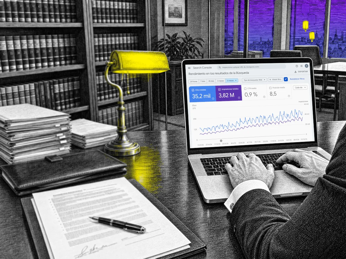 Despacho de abogados en grabado blanco y negro: un abogado de traje teclea en un portátil con el informe de Search Console junto a una lámpara de banquero amarilla, con la ventana en azul y violeta