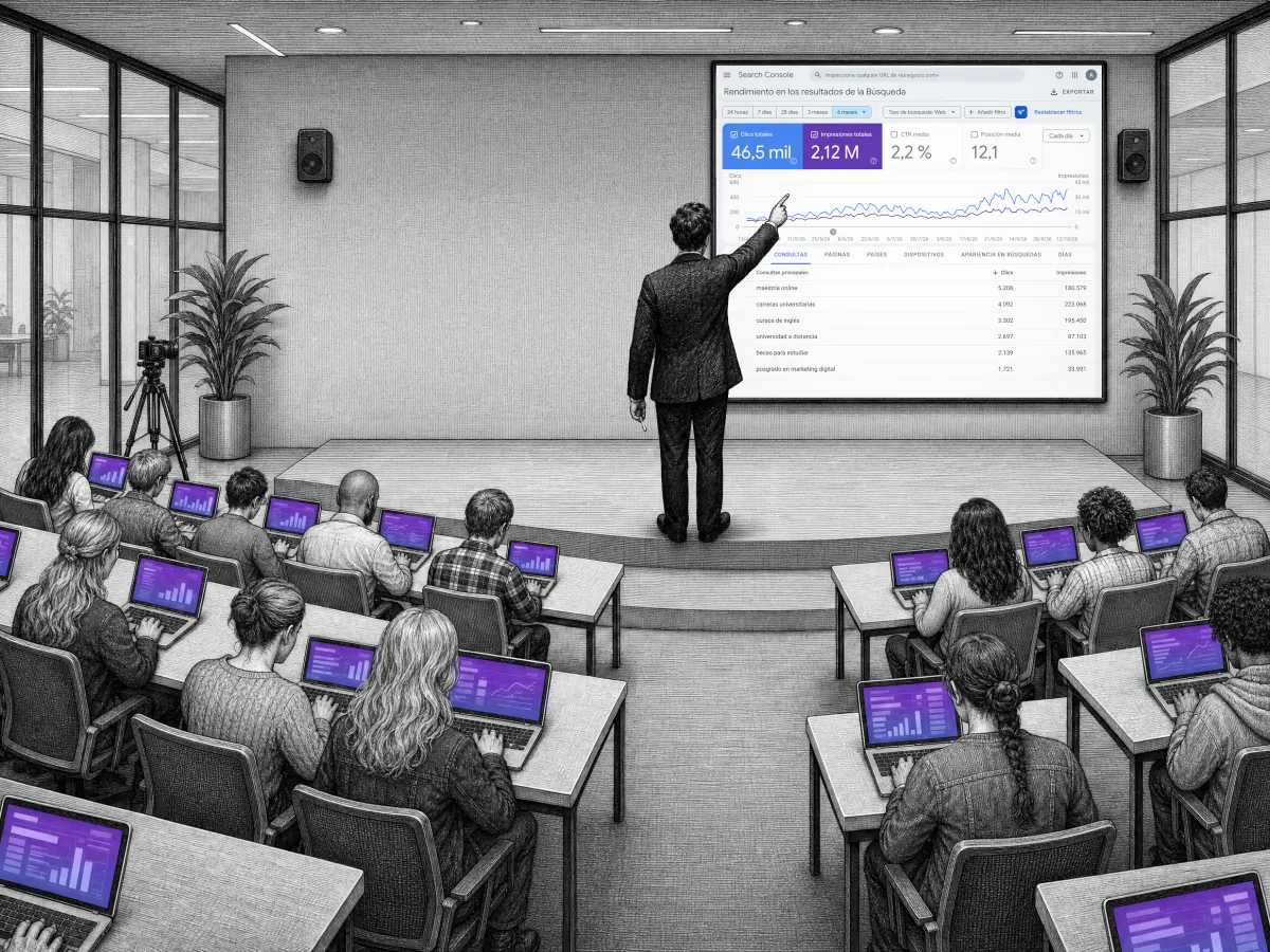Grabado en blanco y negro de un aula moderna con paredes de vidrio. Un consultor de espaldas señala el gráfico de Search Console en una pantalla, ante alumnas y alumnos con portátiles de pantalla azul y violeta.