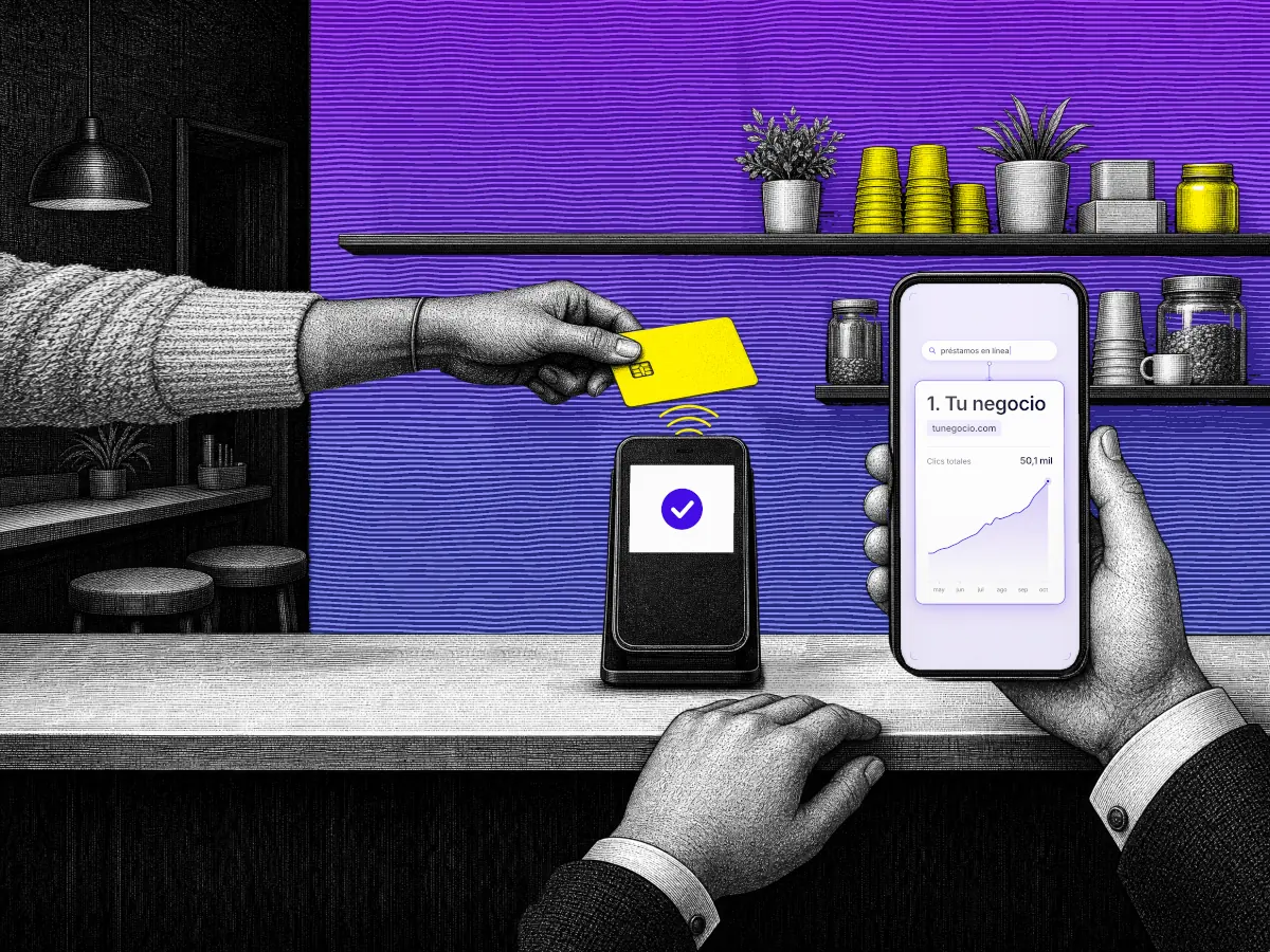 Grabado en blanco y negro de un mostrador ante una pared azul y violeta. Una clienta acerca una tarjeta amarilla al datáfono y un consultor de traje sostiene un móvil con «1. Tu negocio» y la curva de clics.