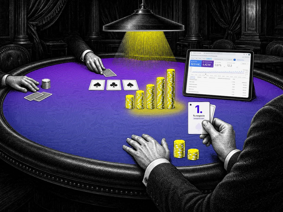 Grabado en blanco y negro de una mesa de póker bajo una lámpara de luz amarilla. Las fichas forman torres que crecen como un gráfico de barras. Un jugador, de espaldas, sostiene la carta ganadora con el número 1 junto a una tableta con un panel de rendimiento SEO.