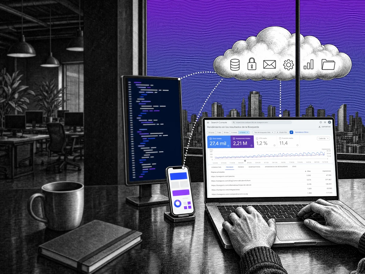 Grabado en blanco y negro de un escritorio frente a un ventanal con cielo azul y violeta. Una nube con iconos de base de datos, candado, correo, ajustes, gráfico y carpeta envía líneas de datos al portátil con Search Console, al móvil y al monitor de código.